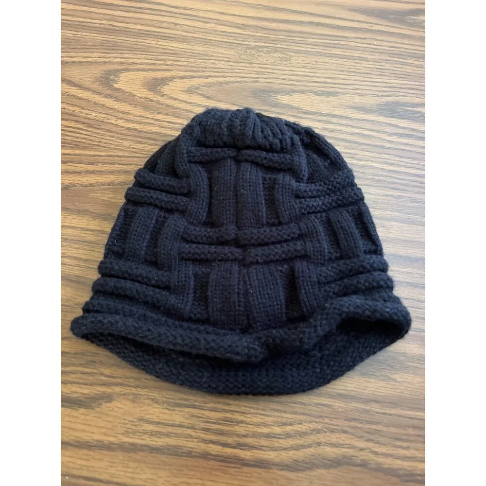 Black beenie toboggan hat with brown beading and buttons in front